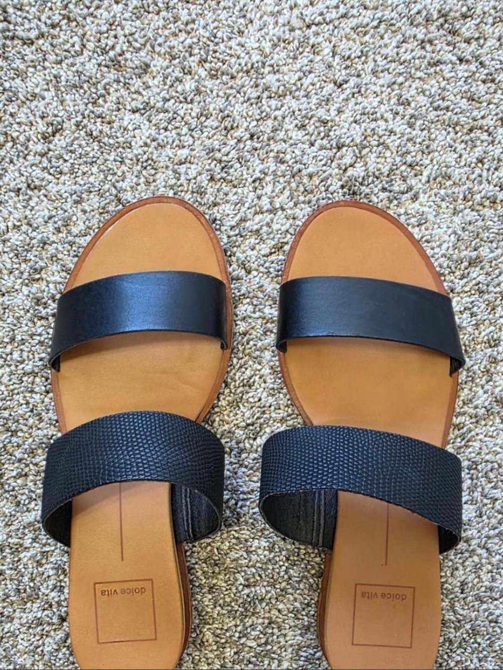 Dolce Vita Black and Tan Double-Strap Slide Sandals